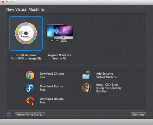 Parallels' Create a New Virtual Machine window.