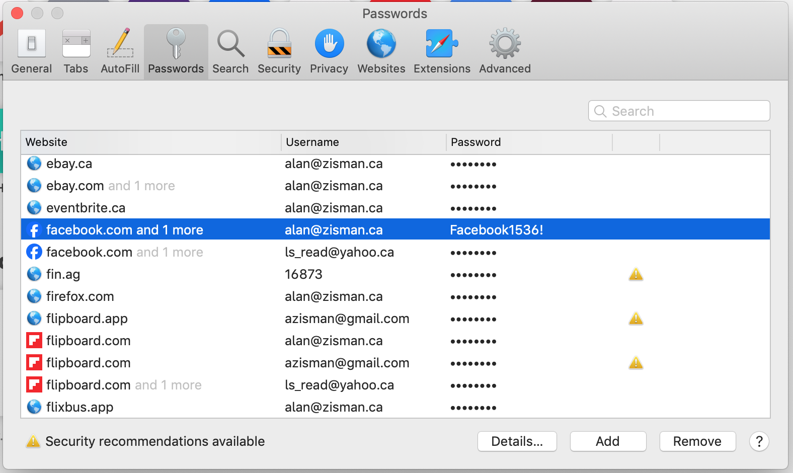 Old Safari passwords list