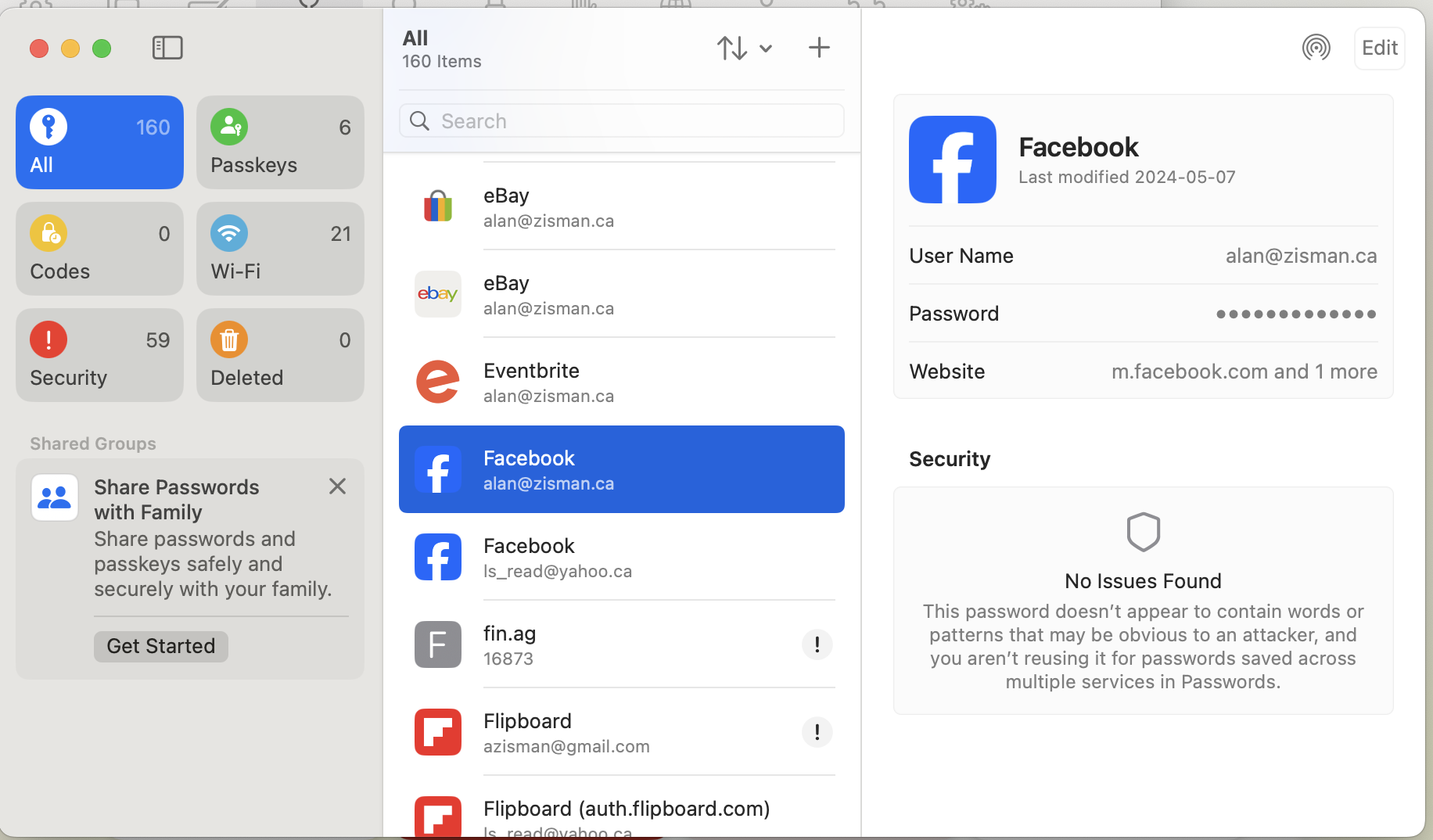 Facebook in Apple Passwords